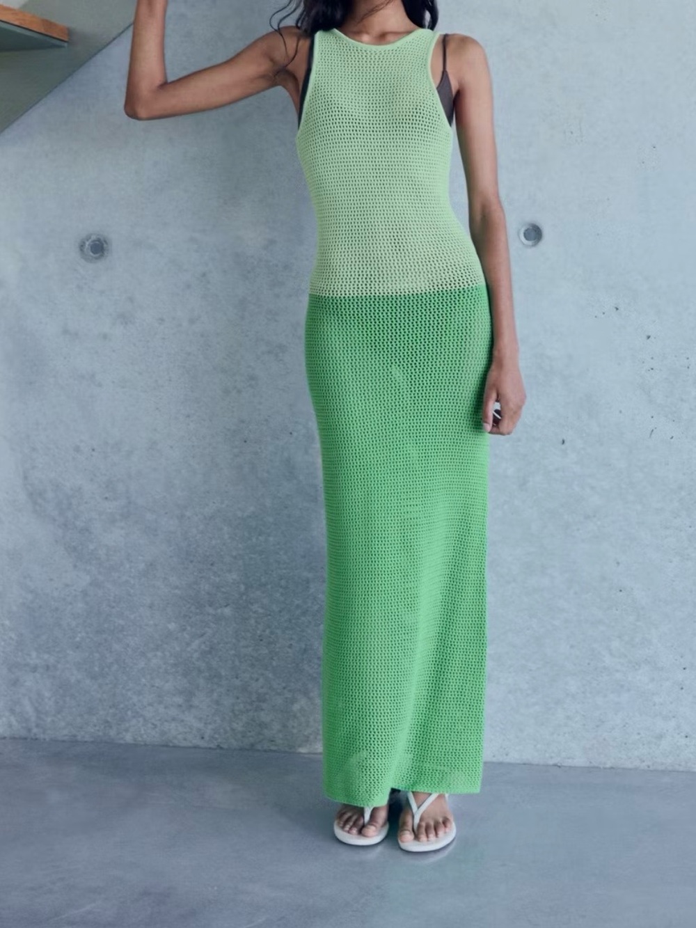 Mango Two-Tone Green Crochet Maxi Dress Coverup